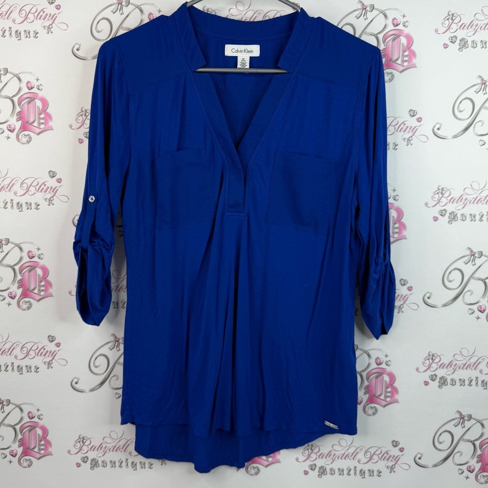 Calvin Klein shirt, deep royal blue pockets, V-neck Women's Royal Blue Blouse